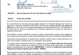 Minsa inicia el cobro de las tasas establecidas por los servicios que presta la Dirección Nacional de Control de Alimentos y Vigilancia Veterinaria